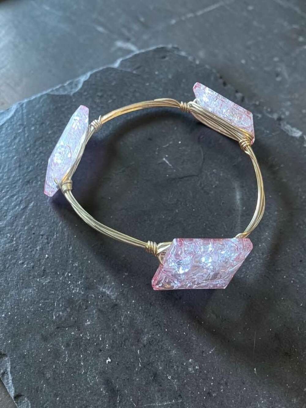 Handmade Pink Crackle Glass Wire Wrapped Bangle Bracelet